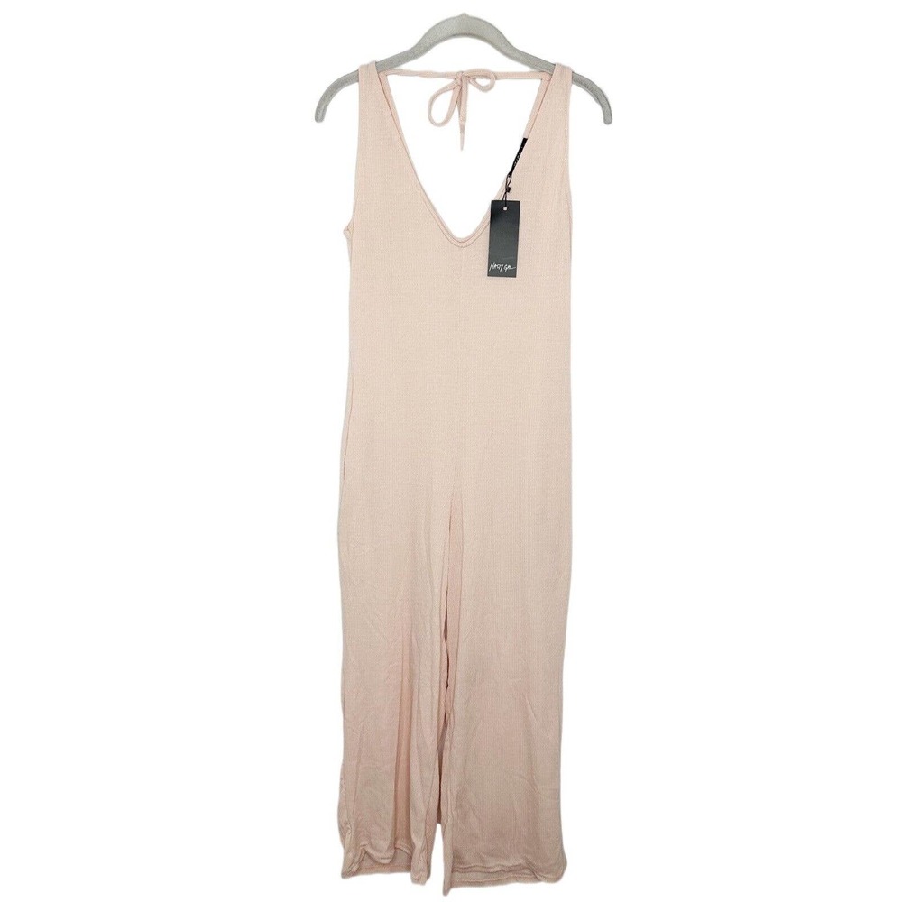 Nasty Gal Light Pink Ribbed Lounge V Neck Jumpsuit With Pockets Size Large New